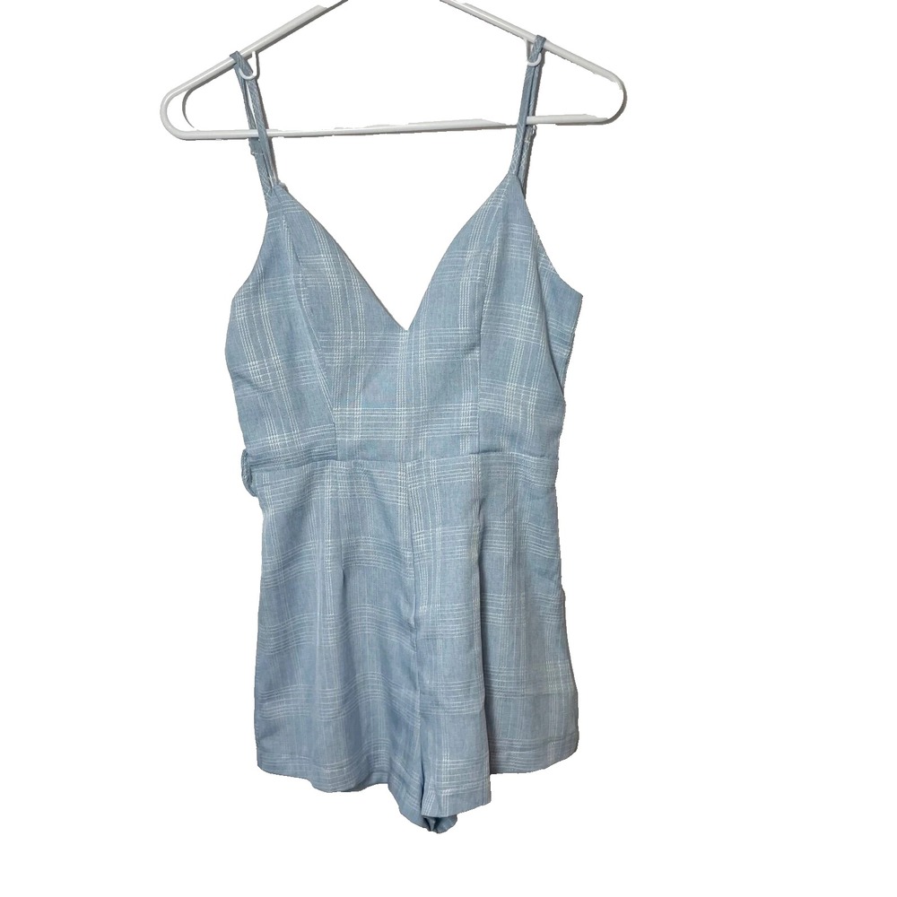 Super‎ Down Sleeveless Plaid Romper Womens XS Blue Adjustable Straps V-Neck